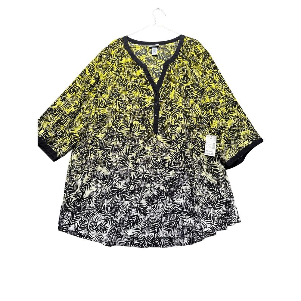 Catherines Tunic Top Women 5X Yellow Black Tropical Palm Leaf Print V-Neck
